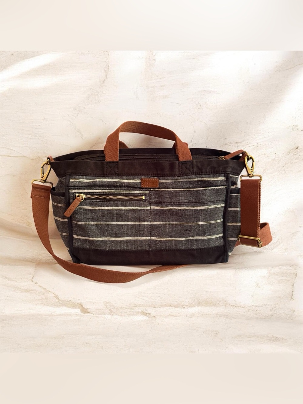 Fossil Crossbody Shoulder Passport Denim Chambray Striped with Brown Straps